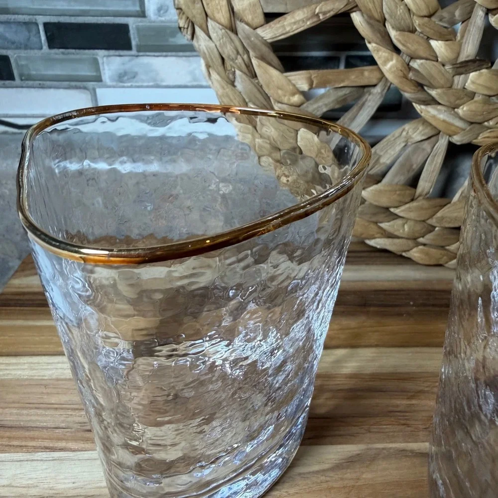 Vintage Hammered Gold Rim Triangular Whiskey Glasses Set of 2 Rocks Glass Clear